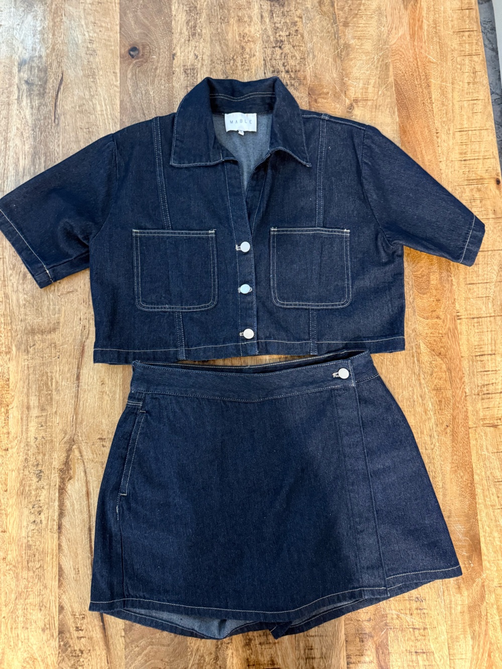 MABLE DENIM SHORT SLEEVE COLLAR SHIRT AND SKORT SET